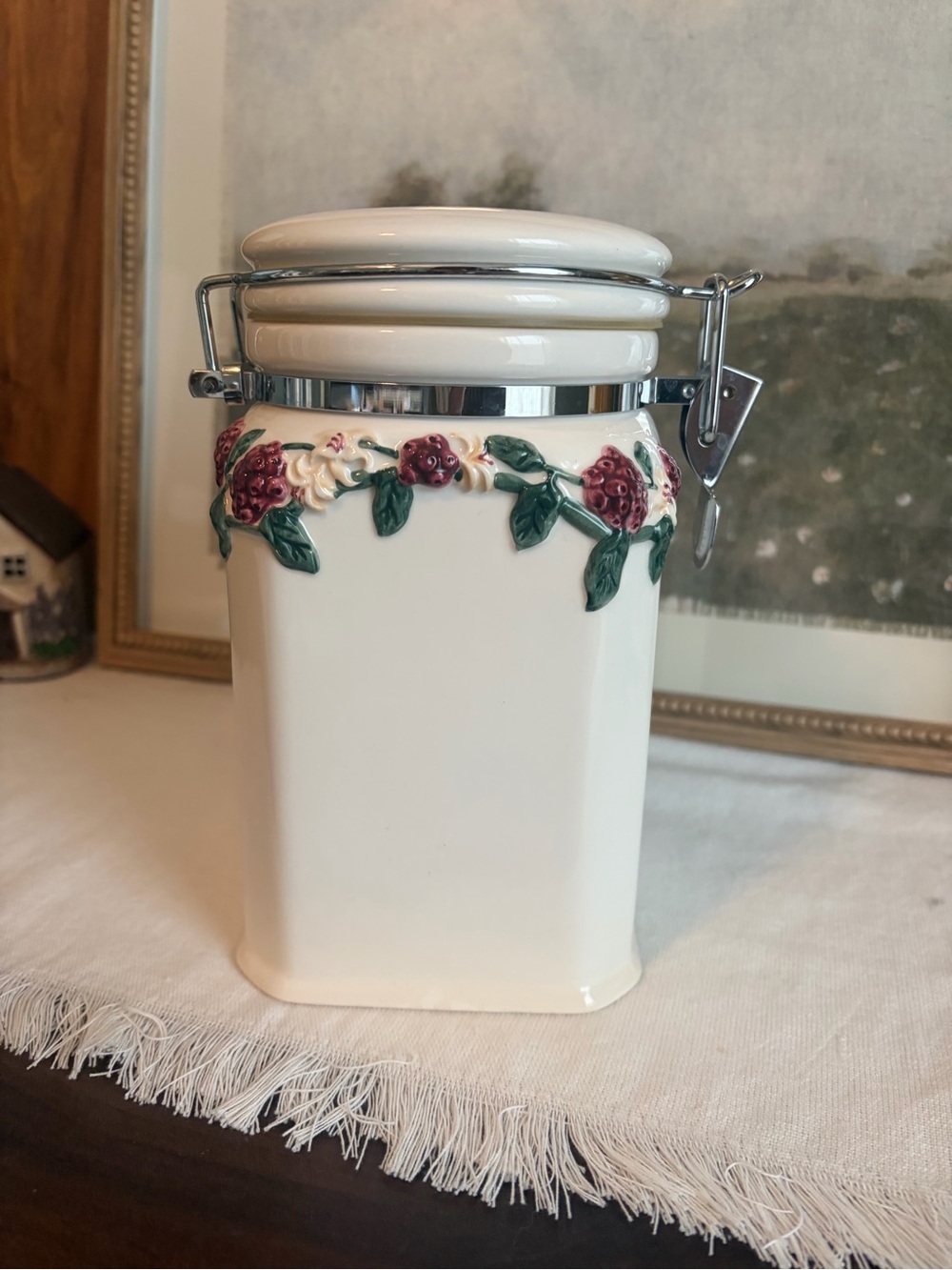 Ceramic Floral Canister with Clamp Lid - Cream with Burgundy Berries